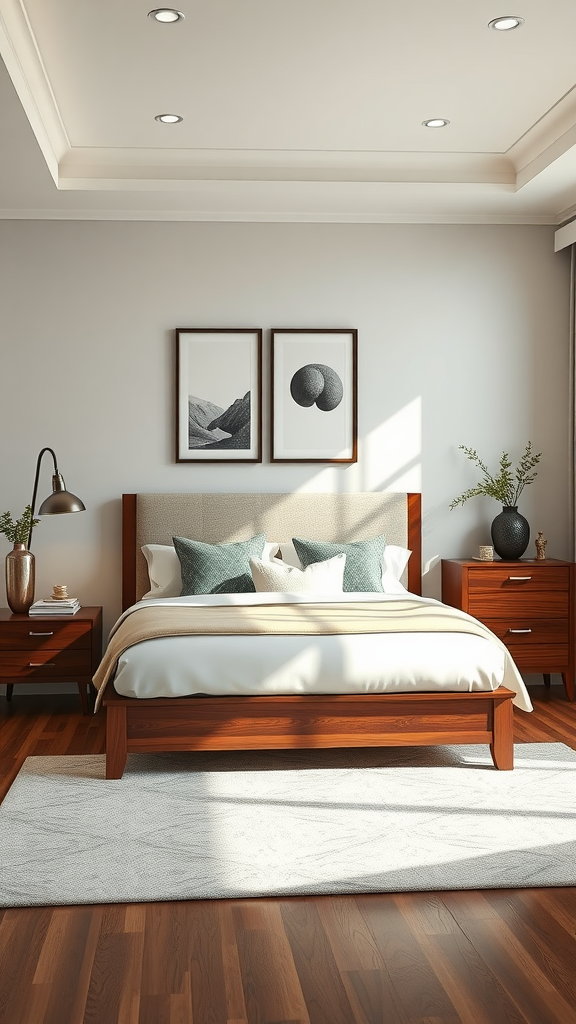 A cherry wood bedroom featuring a bed and nightstands with a modern design, complemented by soft linens and artwork.