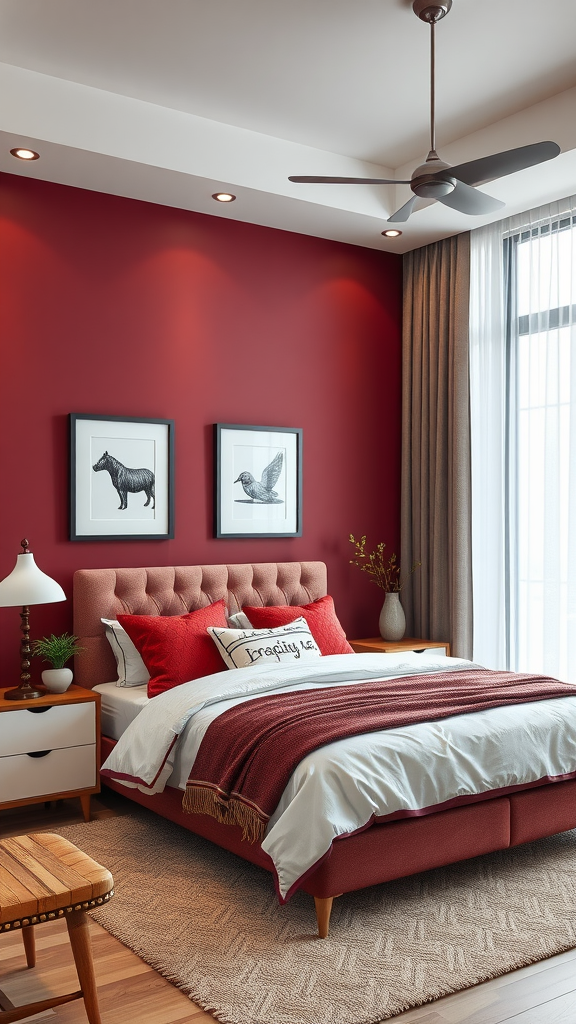 A cozy cherry bedroom featuring a bold red accent wall, stylish bedding, and elegant artwork.