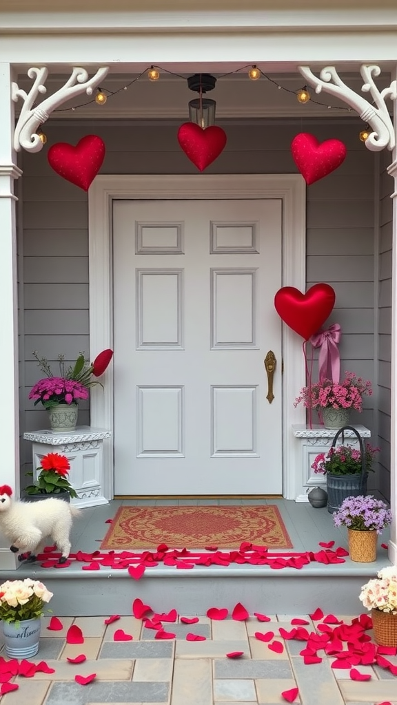 A beautifully decorated porch for Valentine's Day with red heart decorations, flowers, and rose petals.