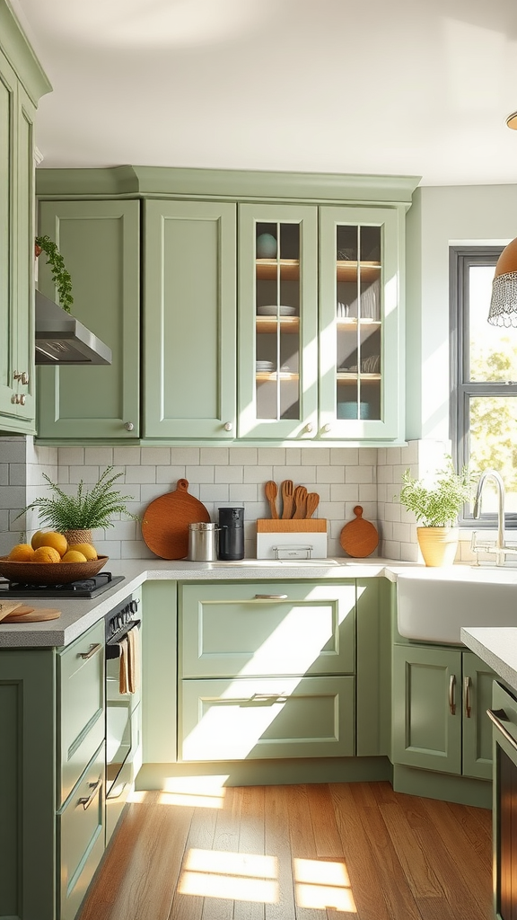 A cozy kitchen featuring sage green cabinets, warm wooden accents, and natural light.