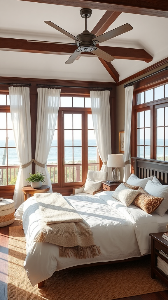 A serene coastal bedroom with large windows, dark wood furniture, and a view of the sea.