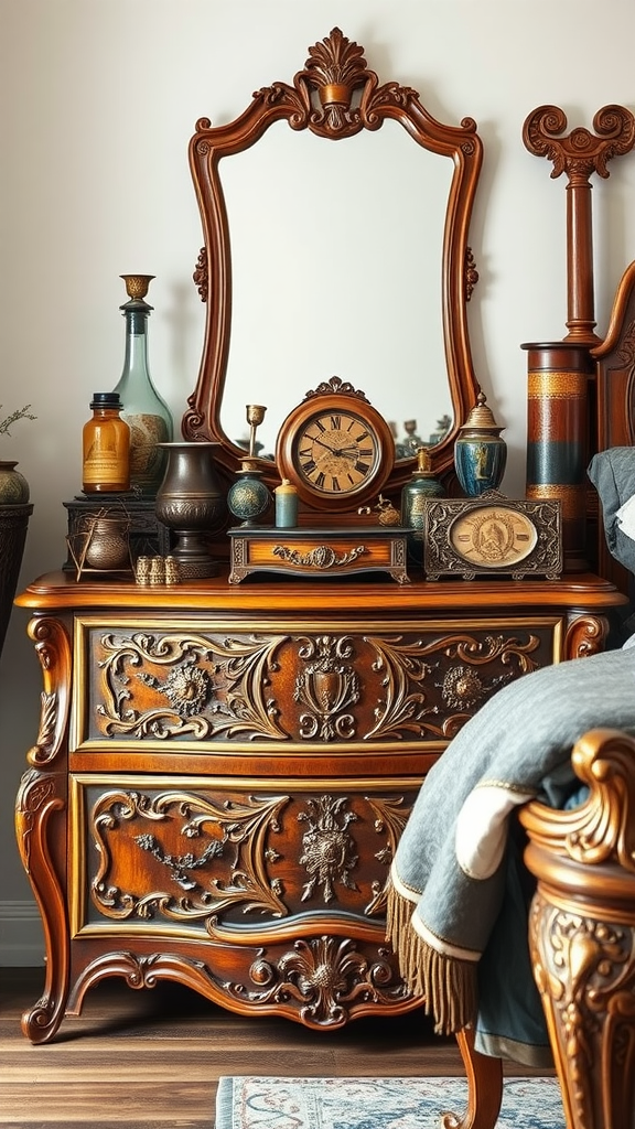 A beautifully carved antique dresser with a mirror and decorative items.