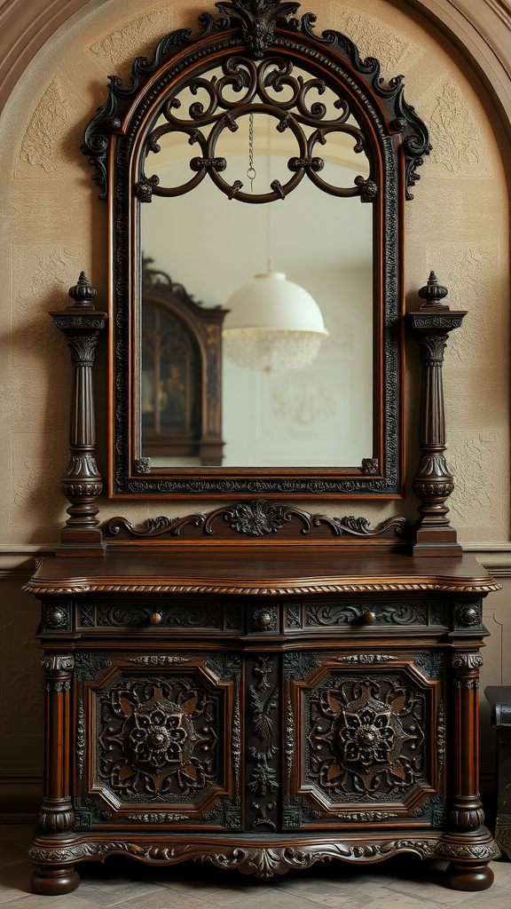 Antique wooden cabinet with intricate carvings and a large ornate mirror above it.