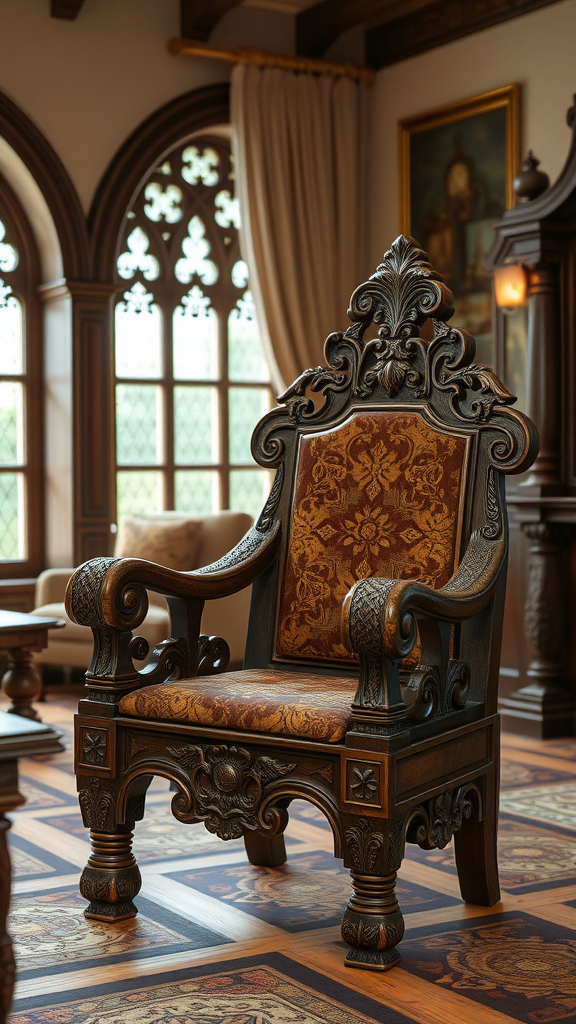 An ornate antique chair with intricate carvings and rich fabric, set in a beautifully decorated room.