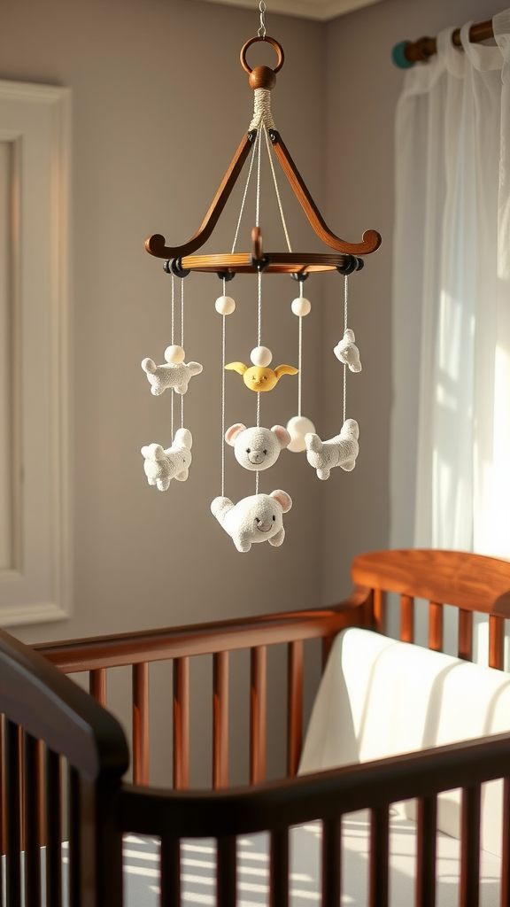 A dark wood crib mobile featuring soft animal figures hanging from a wooden frame.