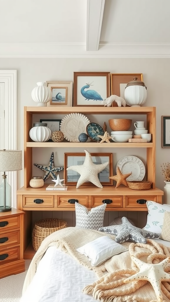 A cozy coastal-themed display in a bedroom featuring starfish, decorative bowls, and framed ocean art.