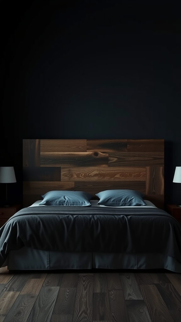 A cozy dark bedroom featuring a wooden headboard with blue pillows and a dark blanket.