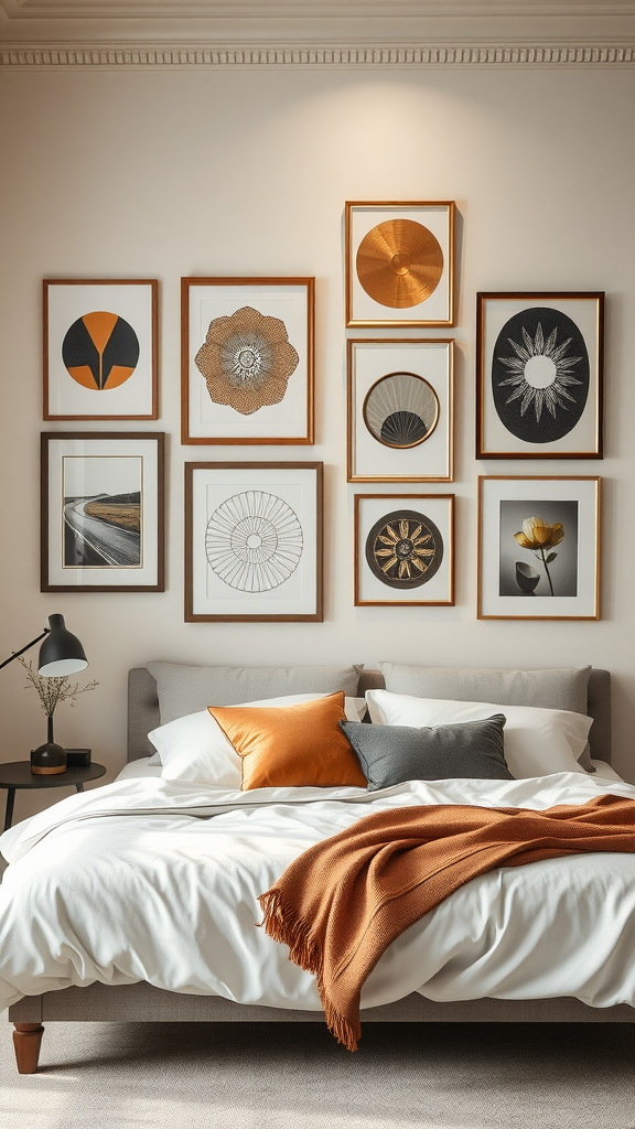 A stylish bedroom featuring a well-arranged gallery wall with framed art pieces in warm tones.