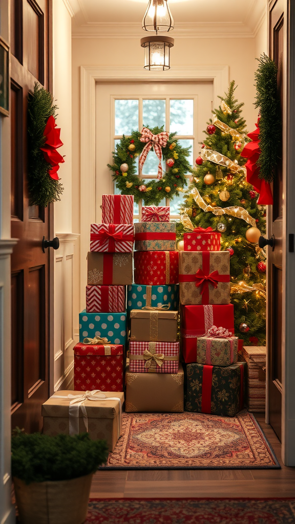 A beautifully decorated Christmas entryway with wrapped gifts, a Christmas tree, and festive wreaths.