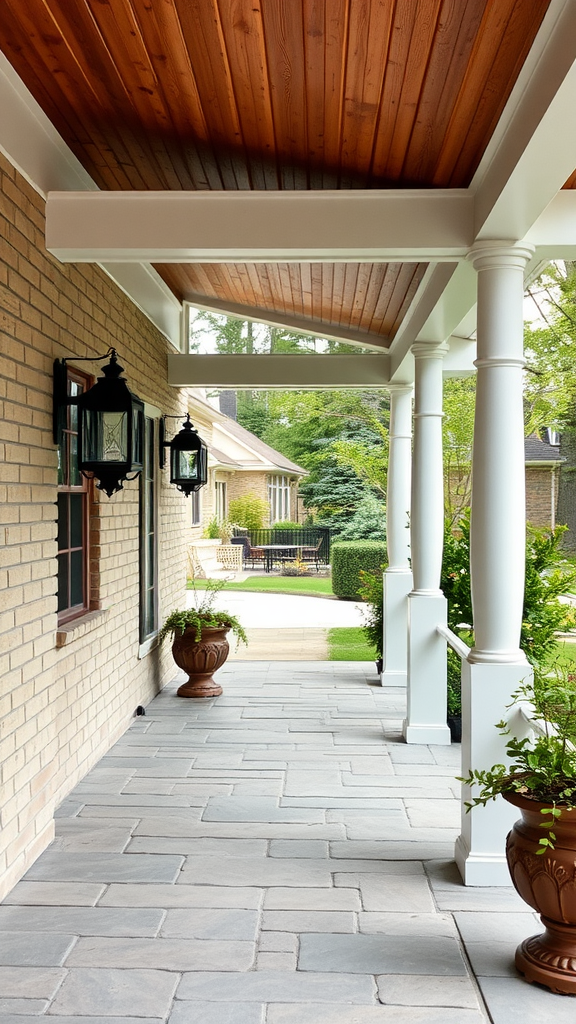 A man standing on a beautifully designed eastern porch with handcrafted details, including planters and unique lighting.
