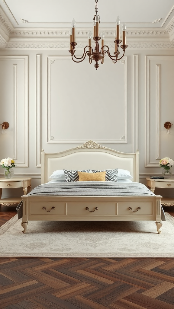 A cream bed frame in an elegantly designed bedroom with a chandelier and wooden flooring.