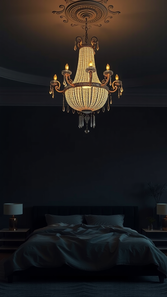 A cozy dark bedroom featuring a stylish chandelier and soft lighting.