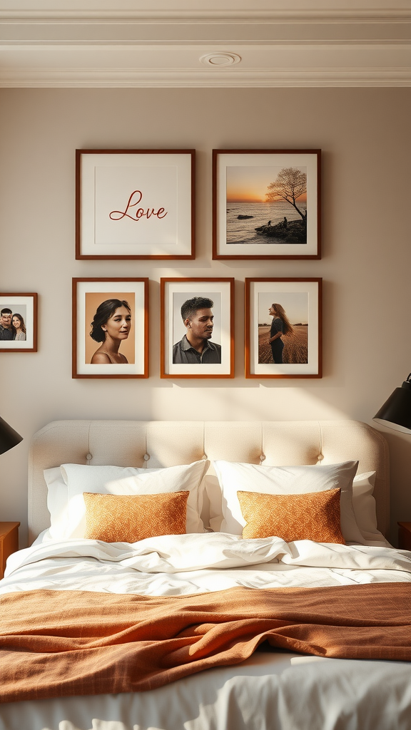 Cozy bedroom featuring artistic wall decor with framed photos and a 'Love' print.