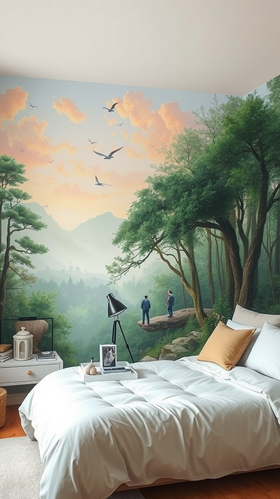 A bedroom with a wall mural depicting a serene forest landscape at sunset, featuring two figures overlooking the view.