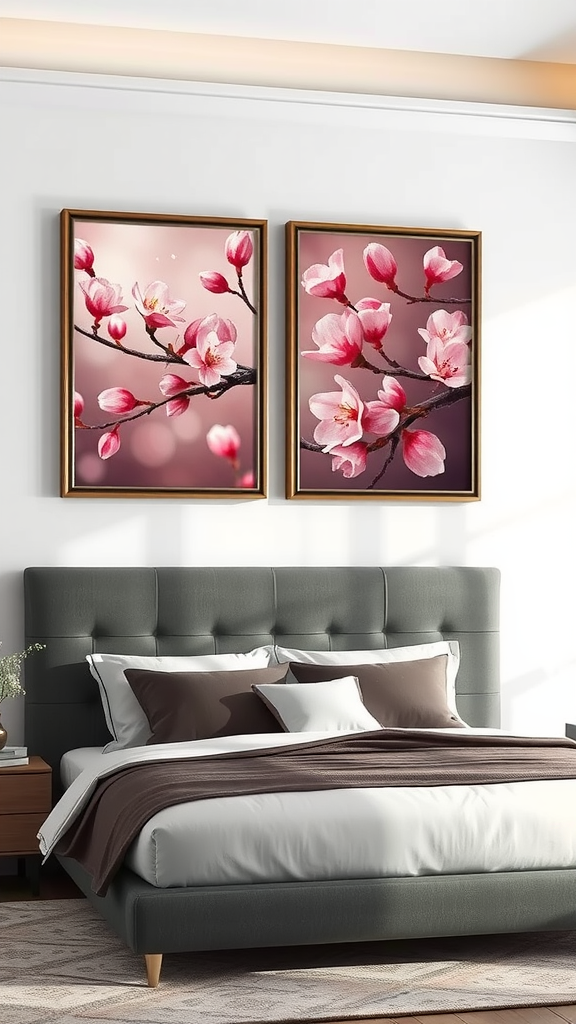 Two framed artworks of cherry blossoms above a cozy bed in a modern bedroom