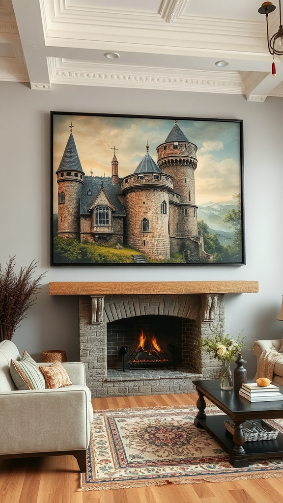 A beautifully framed artwork of a castle hanging above a fireplace in a cozy living room
