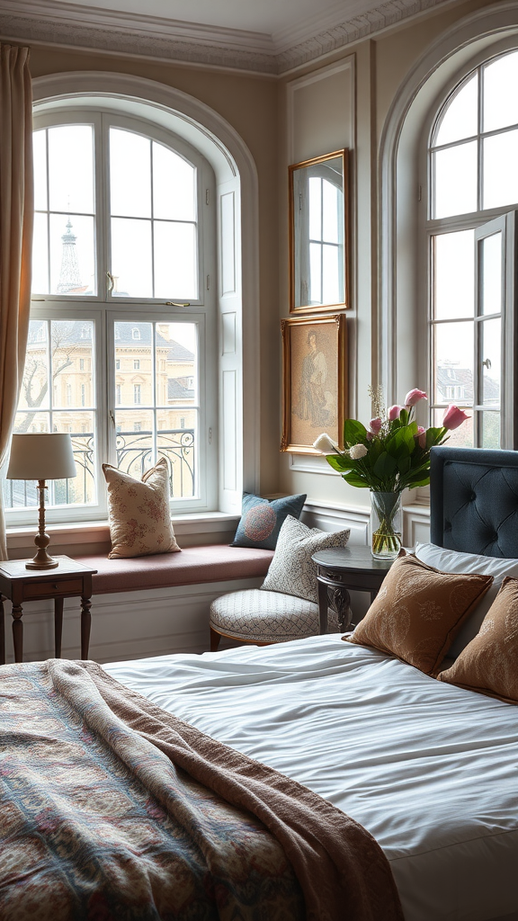 A beautifully designed bedroom featuring a window seat nook with cushions and a bouquet, showcasing classy decor.