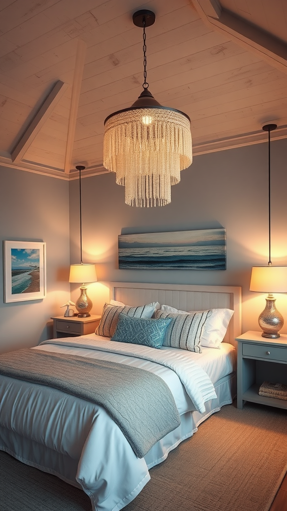 A cozy coastal bedroom featuring a beautiful fringe chandelier and warm bedside lamps.