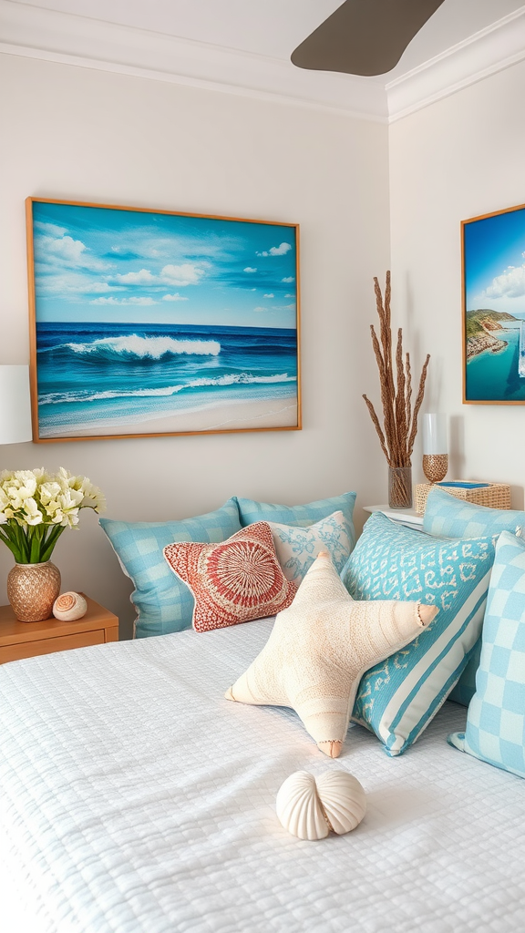 A cozy coastal bedroom featuring beach-themed wall art with waves and a sunny sky