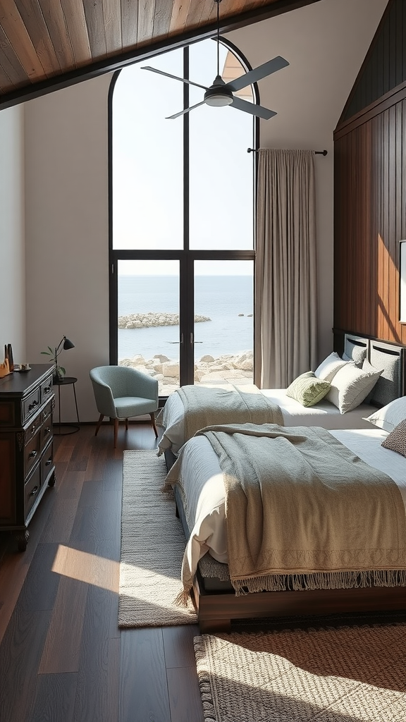 A coastal bedroom with large windows overlooking the sea, featuring dark wood accents and a cozy atmosphere.