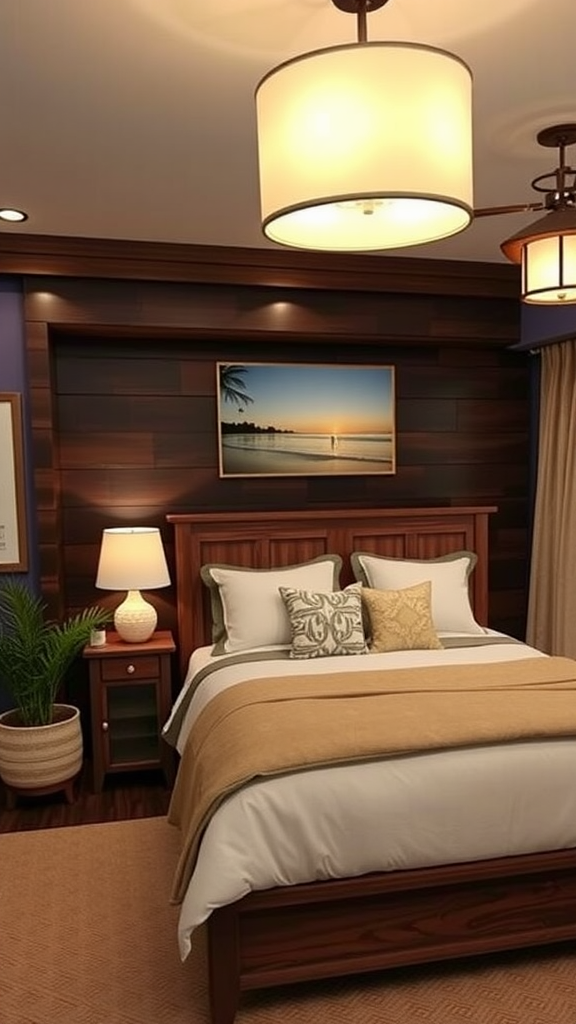 Cozy coastal bedroom with warm lighting fixtures and dark wood accents