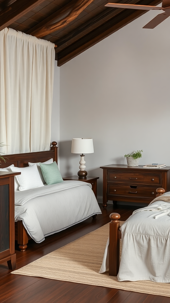 A cozy bedroom featuring dark wood furniture, light bedding, and soft curtains, creating a beachy and inviting atmosphere.