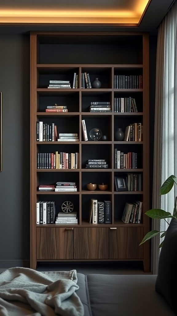 A cozy dark bedroom featuring a stylish wooden shelving unit filled with books and decorative items.