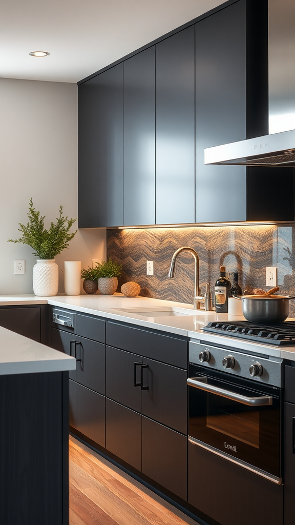 Modern kitchen with blackened maple design, featuring dark cabinetry and stylish backsplash