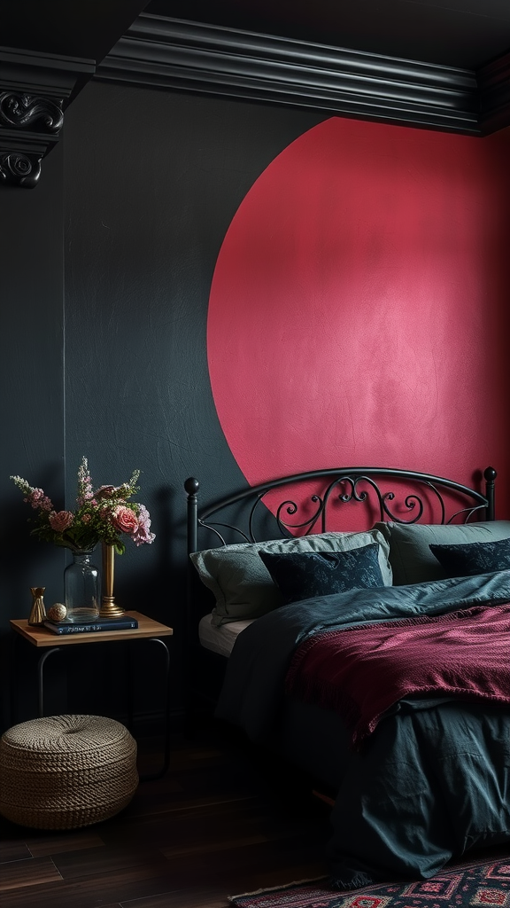 A gothic boho style bedroom with a bold red accent wall featuring a large red circle, dark bedding, and floral decor.