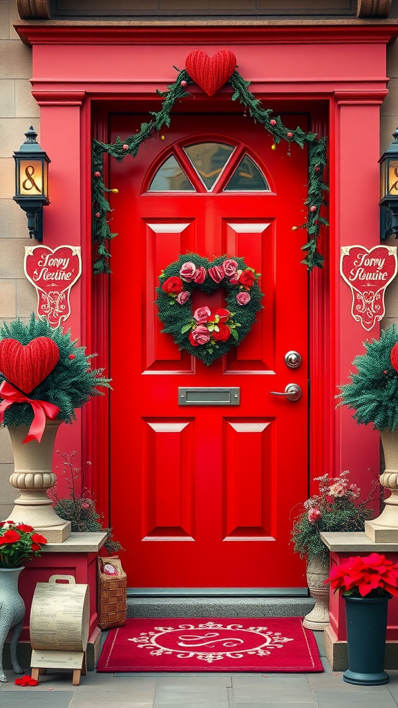 A vibrant red door decorated for Valentine's Day with a heart-shaped wreath and lush greenery.
