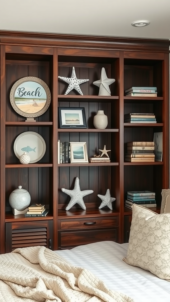 Open shelving unit with beach-themed decorations and dark wood in a cozy bedroom