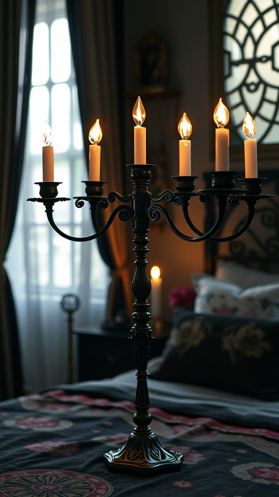 A tall candelabra with flickering candles in a dimly lit room, creating a cozy atmosphere.