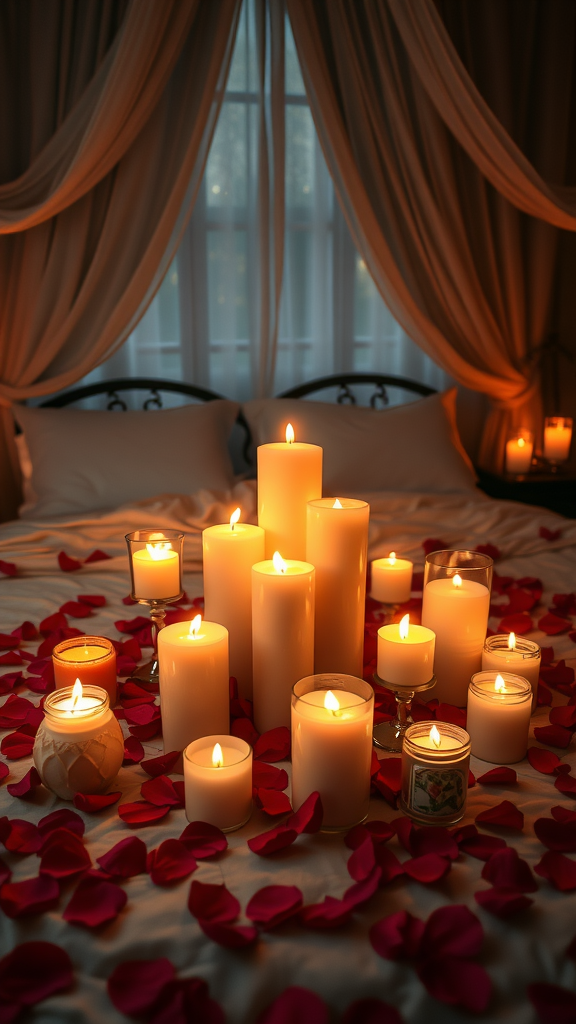 A romantic candle arrangement on a bed, surrounded by rose petals in a cozy bedroom.
