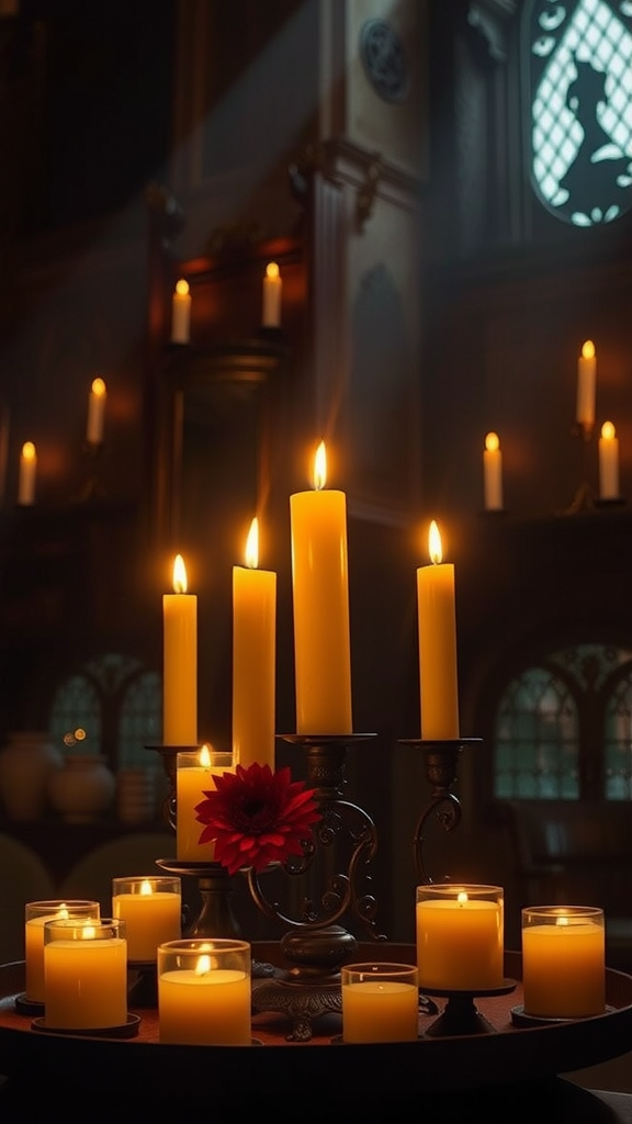 A collection of candles of varying heights, flickering warmly on a table, surrounded by a cozy atmosphere.
