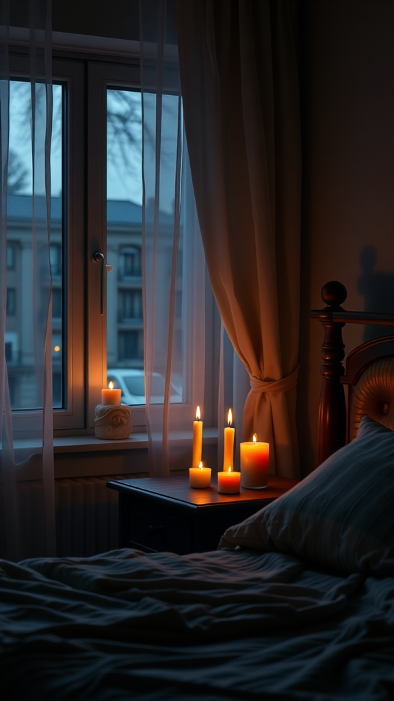 A cozy bedroom with candles creating a warm atmosphere