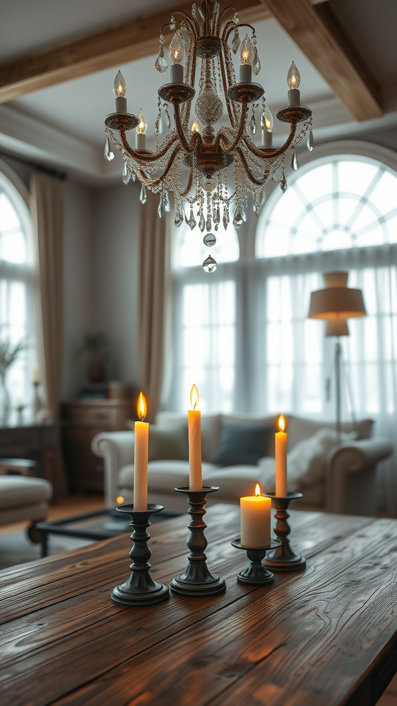 A cozy living room featuring a crystal chandelier and candles on a wooden table, creating a warm and inviting atmosphere.