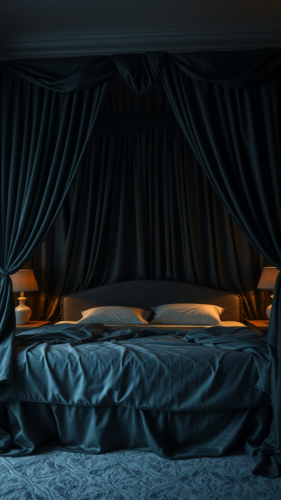 A cozy canopy bed with dark curtains and bedding, softly lit by bedside lamps.