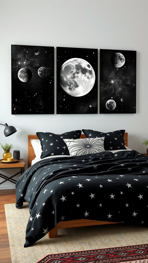 A stylish bedroom featuring celestial motifs with moon and planet artwork on the wall, a star-patterned duvet, and a cozy wooden bed.