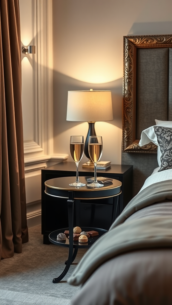 A cozy bedroom corner with two champagne flutes and assorted chocolates on a table.