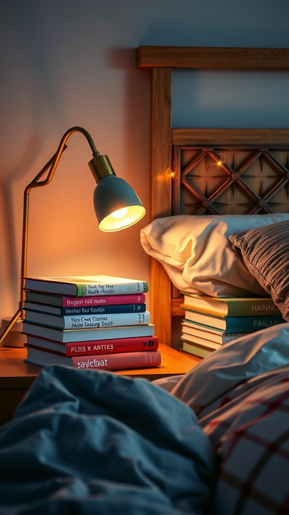 A cozy bedside table with a stack of books and a warm lamp, creating a charming reading nook.