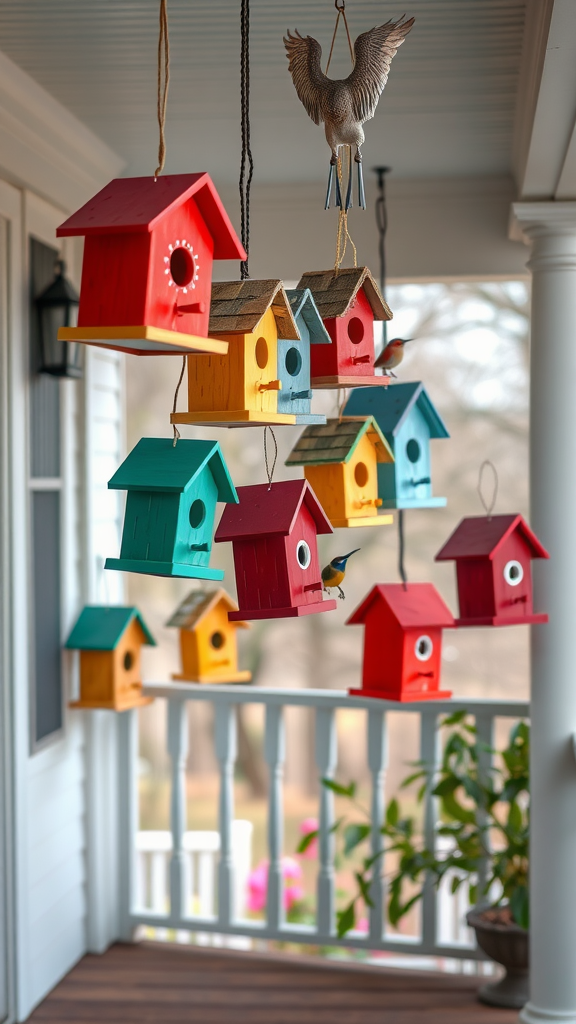 Colorful birdhouses hanging on a porch