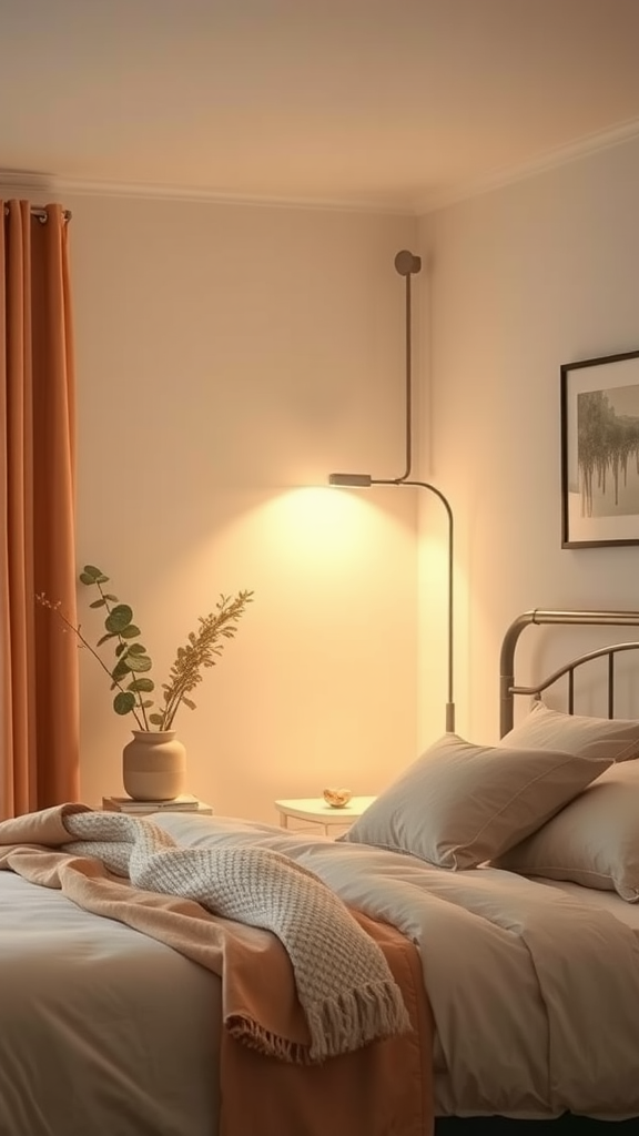 Cozy bedroom with cream walls, orange curtains, and a warm accent lamp.