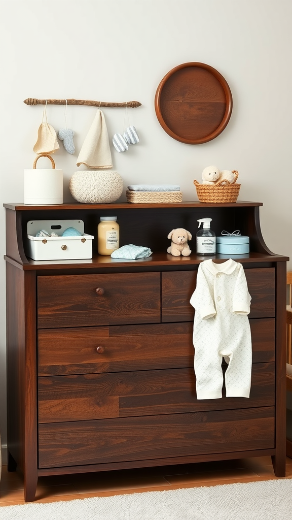 A dark wood dresser in a nursery, decorated with soft toys and baby clothes.