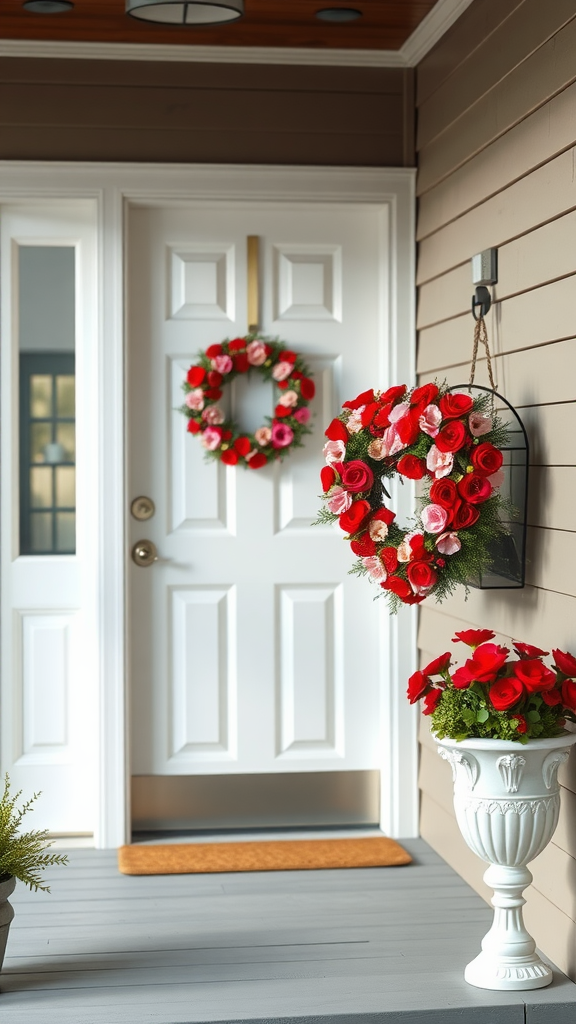A porch decorated for Valentine's Day with heart-shaped wreaths and flower arrangements.