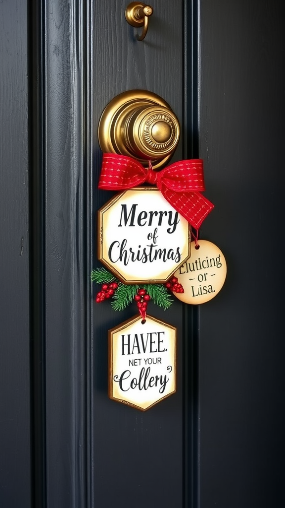 A festive doorknob hanger with 'Merry of Christmas' and a playful message, adorned with red ribbon and greenery.
