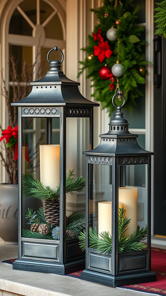 Two holiday lanterns with candles and pine decorations on a porch