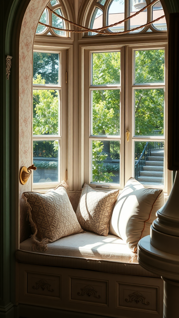Cozy window seat with pillows overlooking greenery
