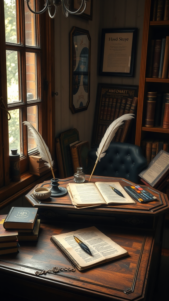 A charming wooden writing desk with feather quills, open books, and a cozy atmosphere.