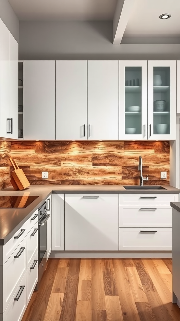 A modern kitchen featuring white cabinets and a charred wood backsplash.