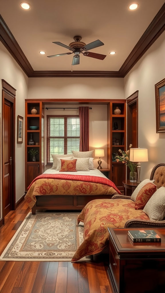 Cozy small bedroom decorated with cherry wood furniture and warm textiles